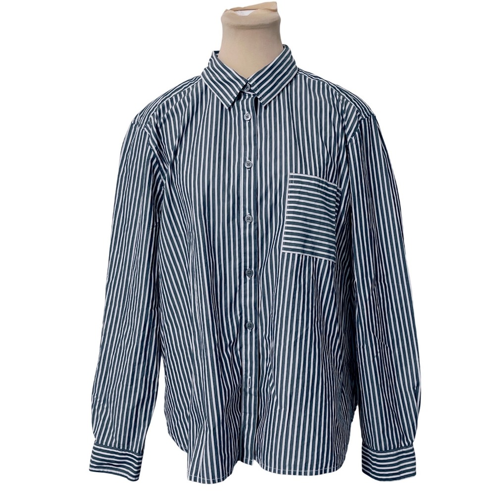 LOFT Striped Button Down Shirt Large Blue‎ White Long Sleeve Preppy Nautical